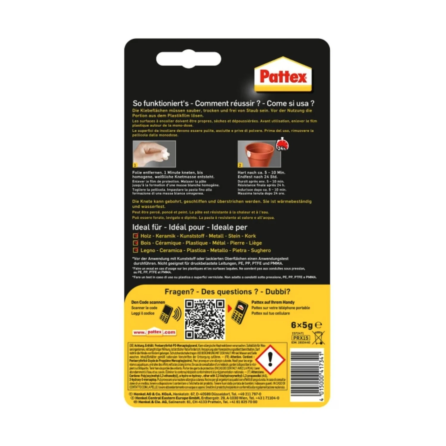Pattex Repair Express Power Knete 2K Epoxid, 6 × 5 g – Verpackungsrückseite mit Anwendungshinweisen