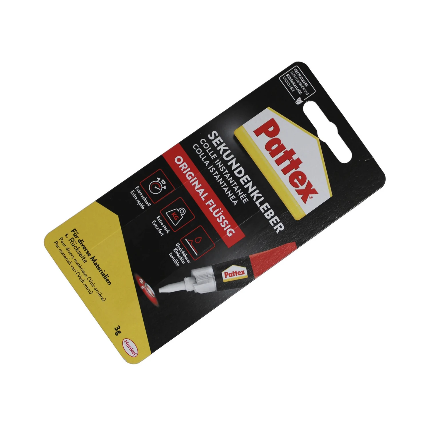 Pattex Sekundenkleber Original flüssig, Tube 3 g – Blisterverpackung schräg