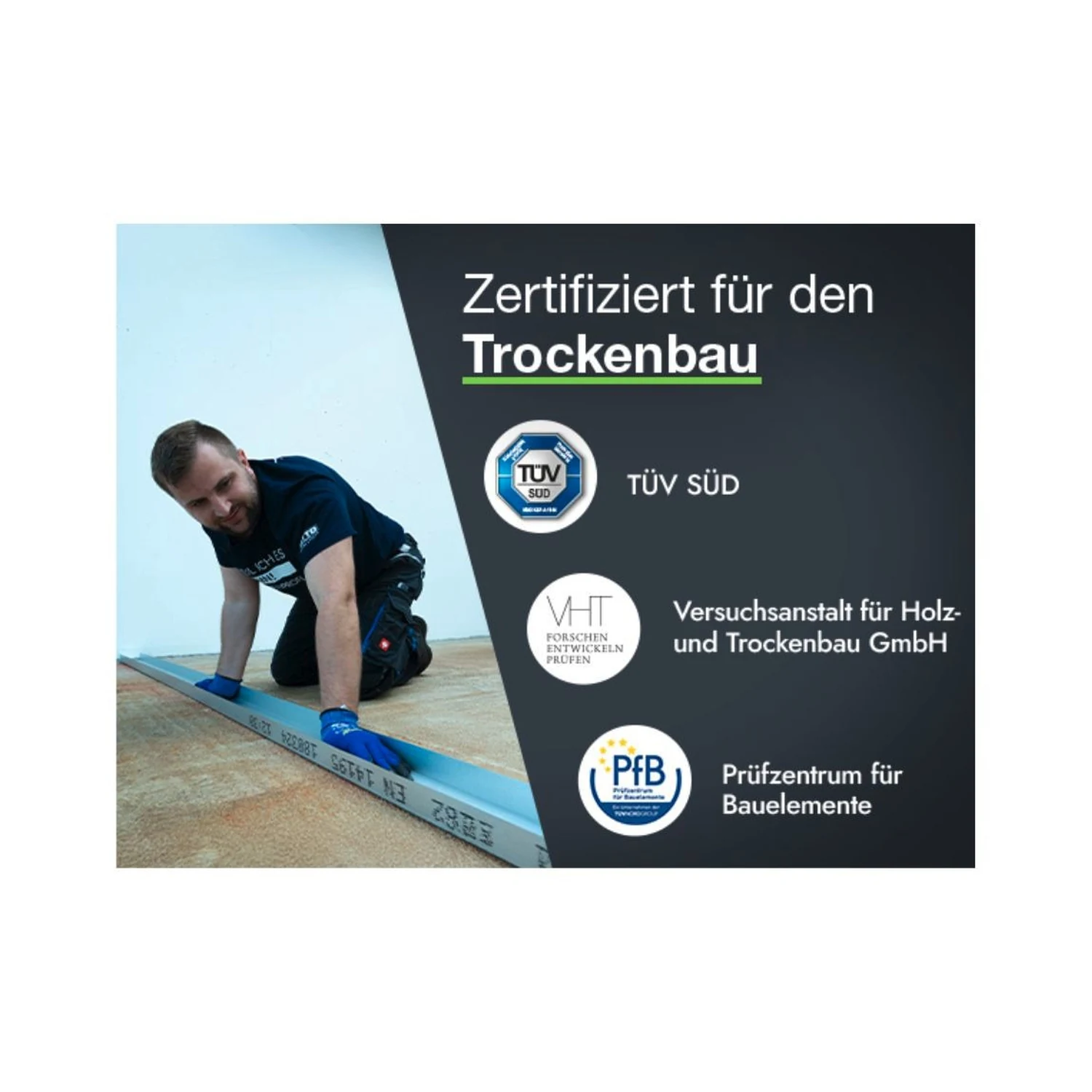 Ottocoll ALLBERT Montagekleber weiß, Kartusche 290 ml – Grafik: zertifiziert für den Trockenbau durch TÜV SÜD, VHT und PfB