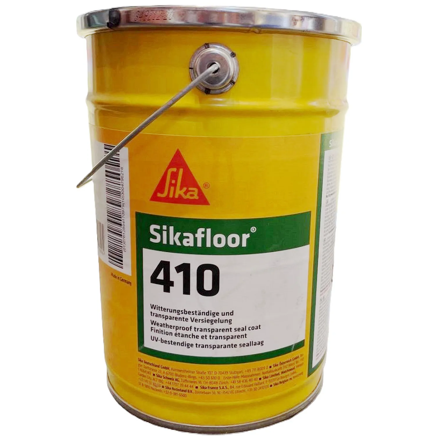 Sika Sikafloor-410 PU-Versiegelung, gelbes Metallgebinde mit Tragebügel, Etikett von vorn
