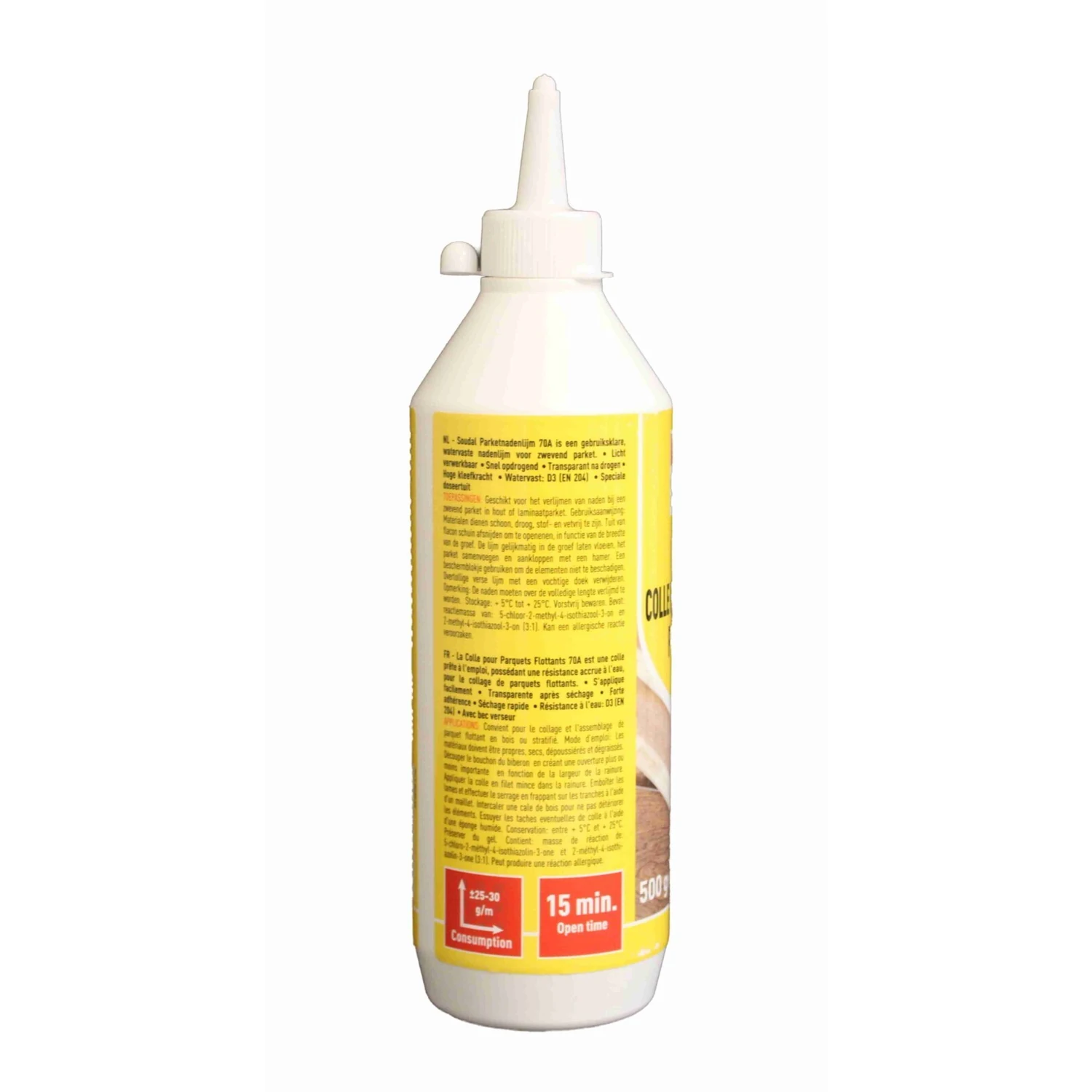 Soudal Parkettnahtkleber 70A D3, Flasche 500 g – Flasche Seitenansicht