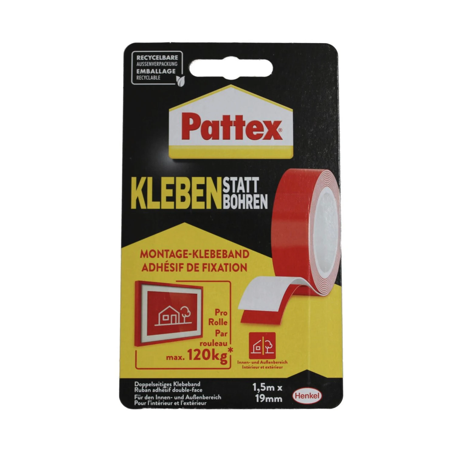 Pattex Kleben statt Bohren Montageband 19 mm x 1,5 m – Blisterverpackung Vorderansicht