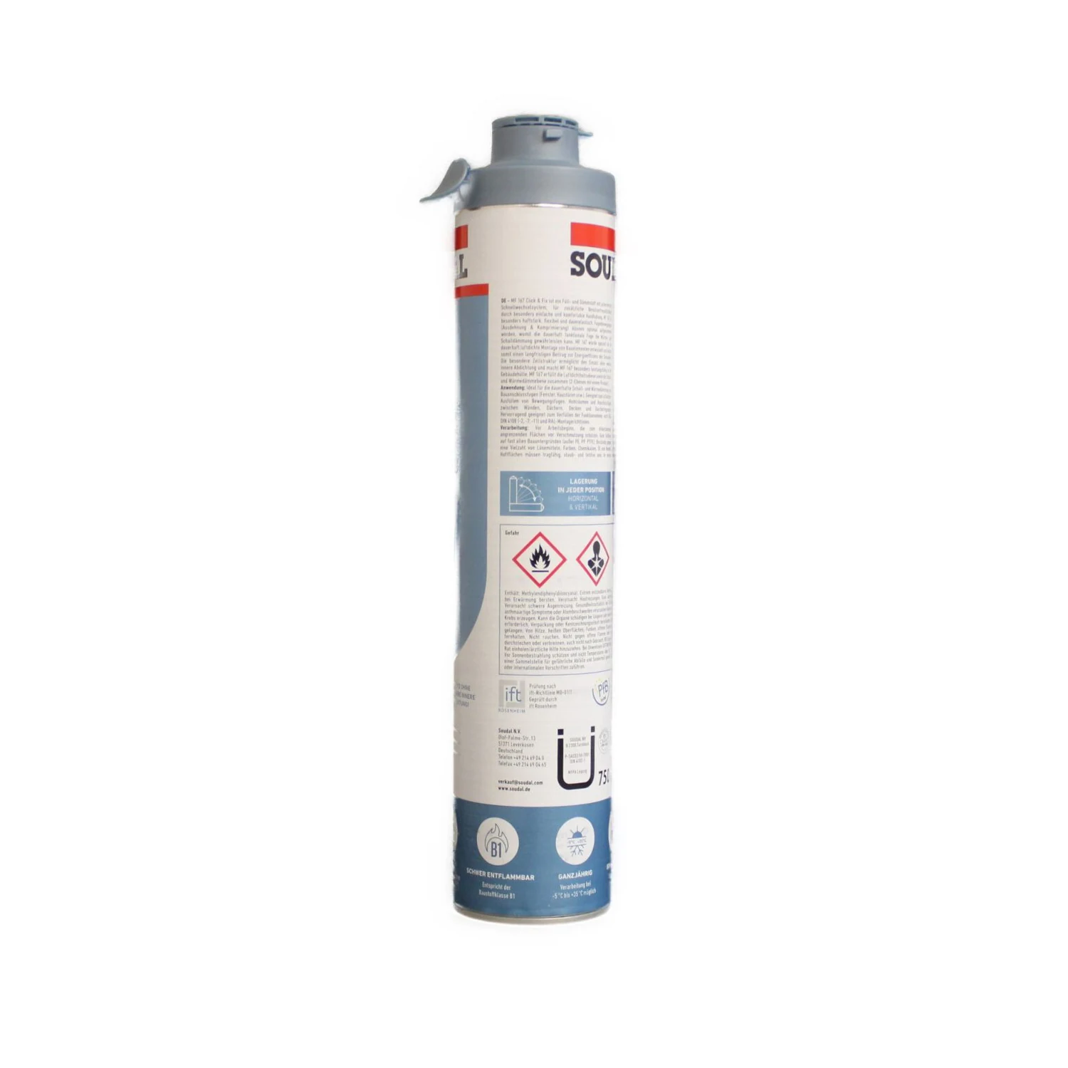 Soudal MF 167 Click / Fix Pistolenschaum B1 grau, 750 ml – Dose Seitenansicht