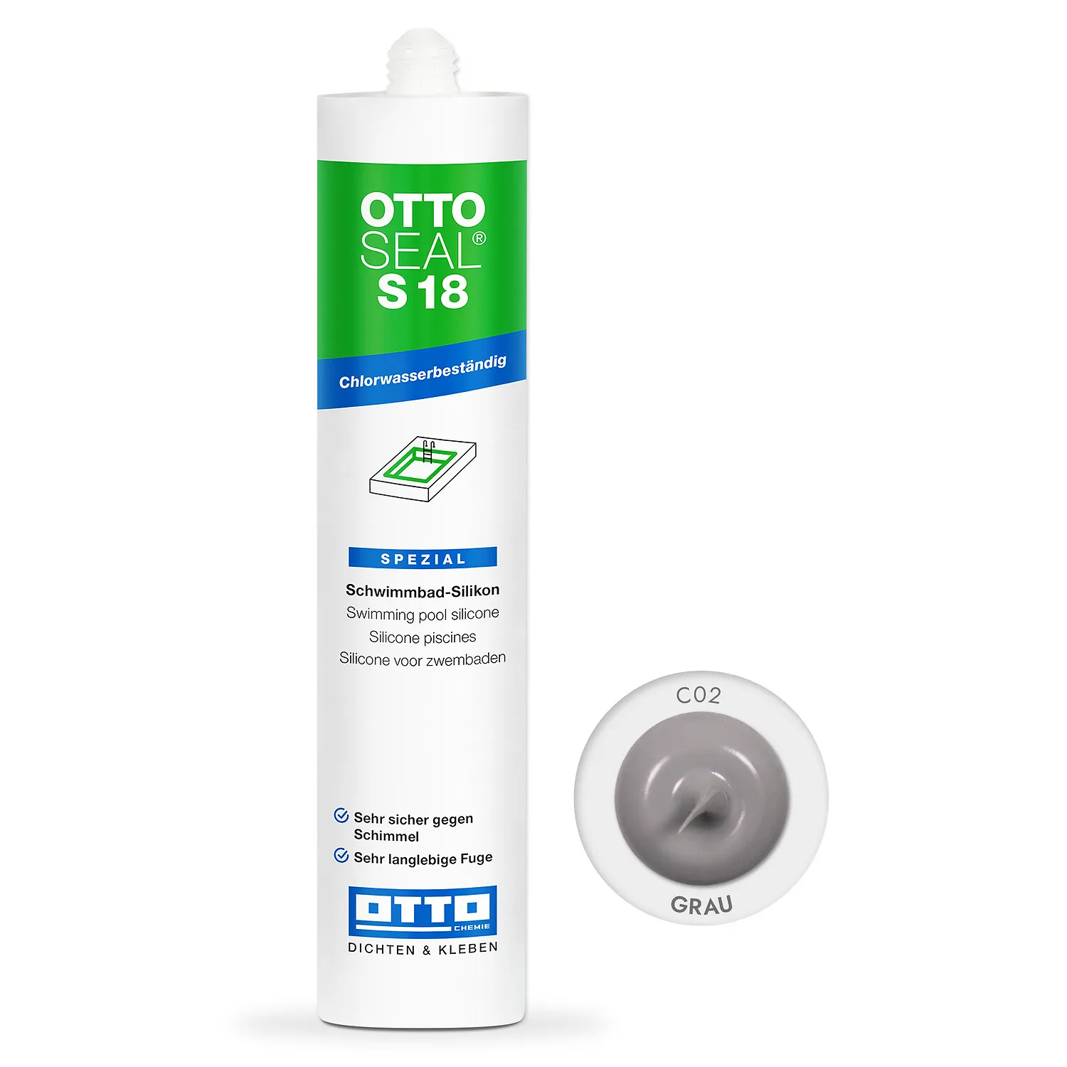 Ottoseal S18 Schwimmbadsilikon grau 310ml, chlorbeständiger Fugendichtstoff für Schwimmbecken und Poolrand