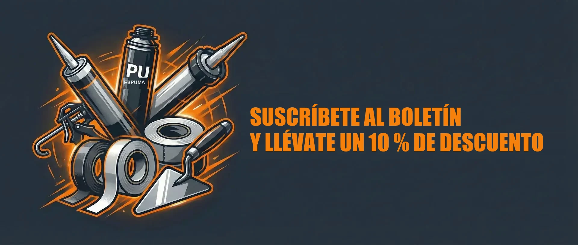 Suscripción al boletín de Baustoff-Held con un 10 % de descuento – ilustración de pistola de cartuchos, espuma de poliuretano, cintas adhesivas y llana