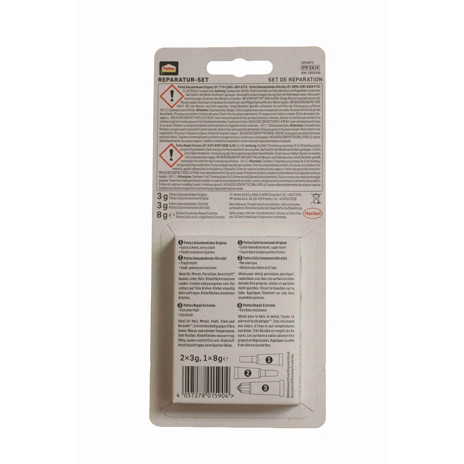 Pattex Sekundenkleber Set flüssig und Gel, 3 Tuben – Blisterverpackung Rückseite