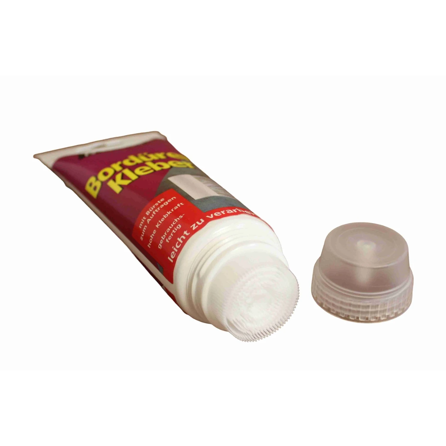 Meffert Bordürenkleber für Papier und Vinyl, 250 g – Tube geöffnet mit Auftragsbürste