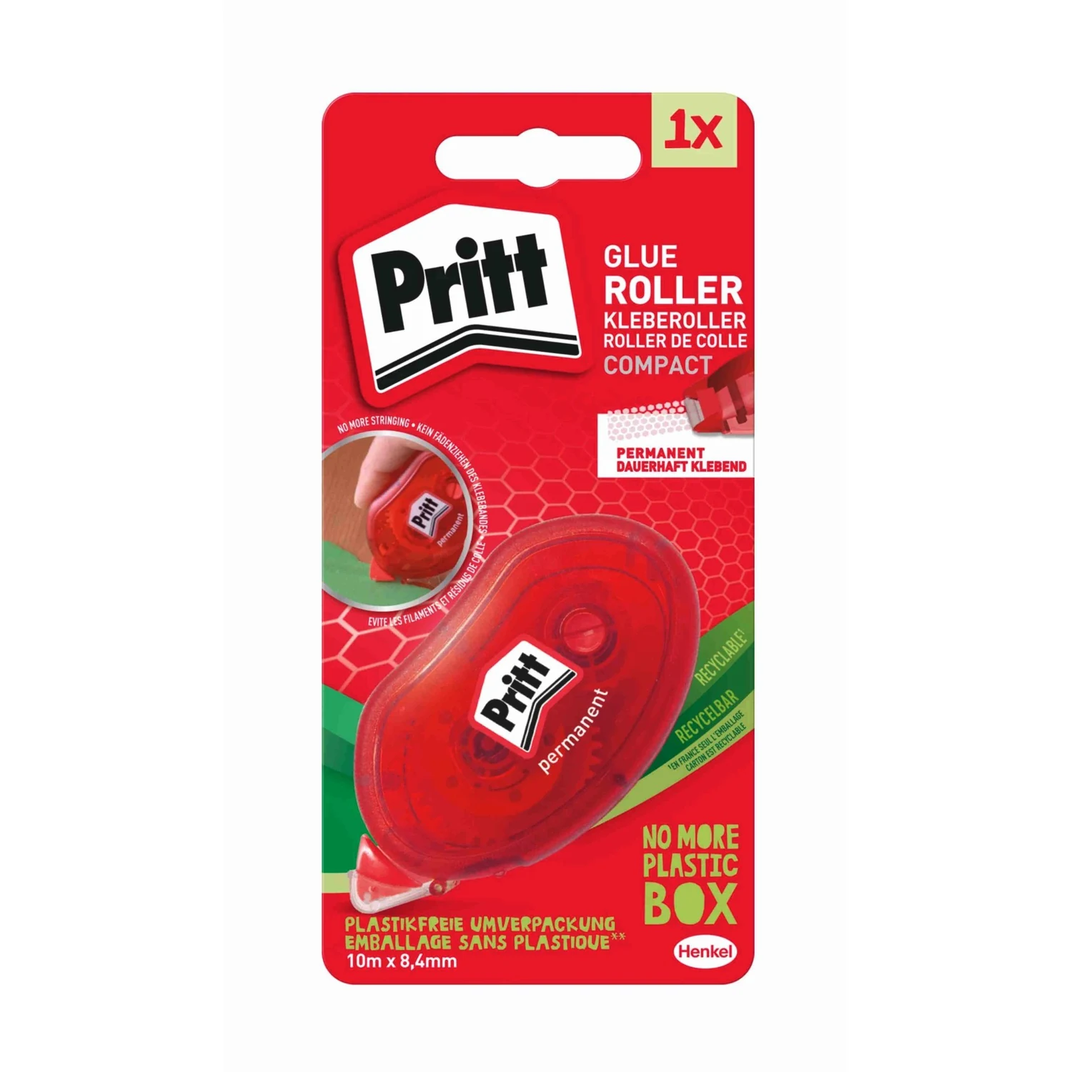 Pritt Kleberoller Compact permanent, 8,4 mm × 10 m – Blisterverpackung Vorderseite