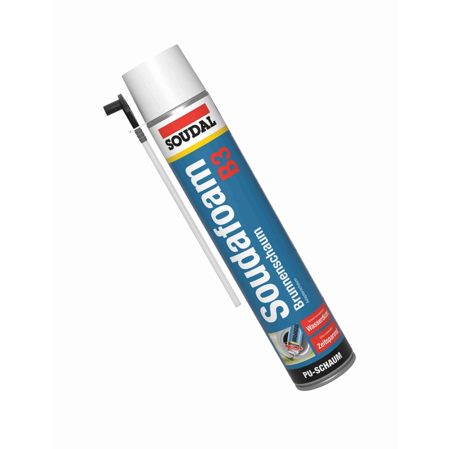 Soudal Soudafoam Brunnenschaum B3 Montageschaum, 750 ml – Dose mit Aussprührohr, gedrehte Ansicht