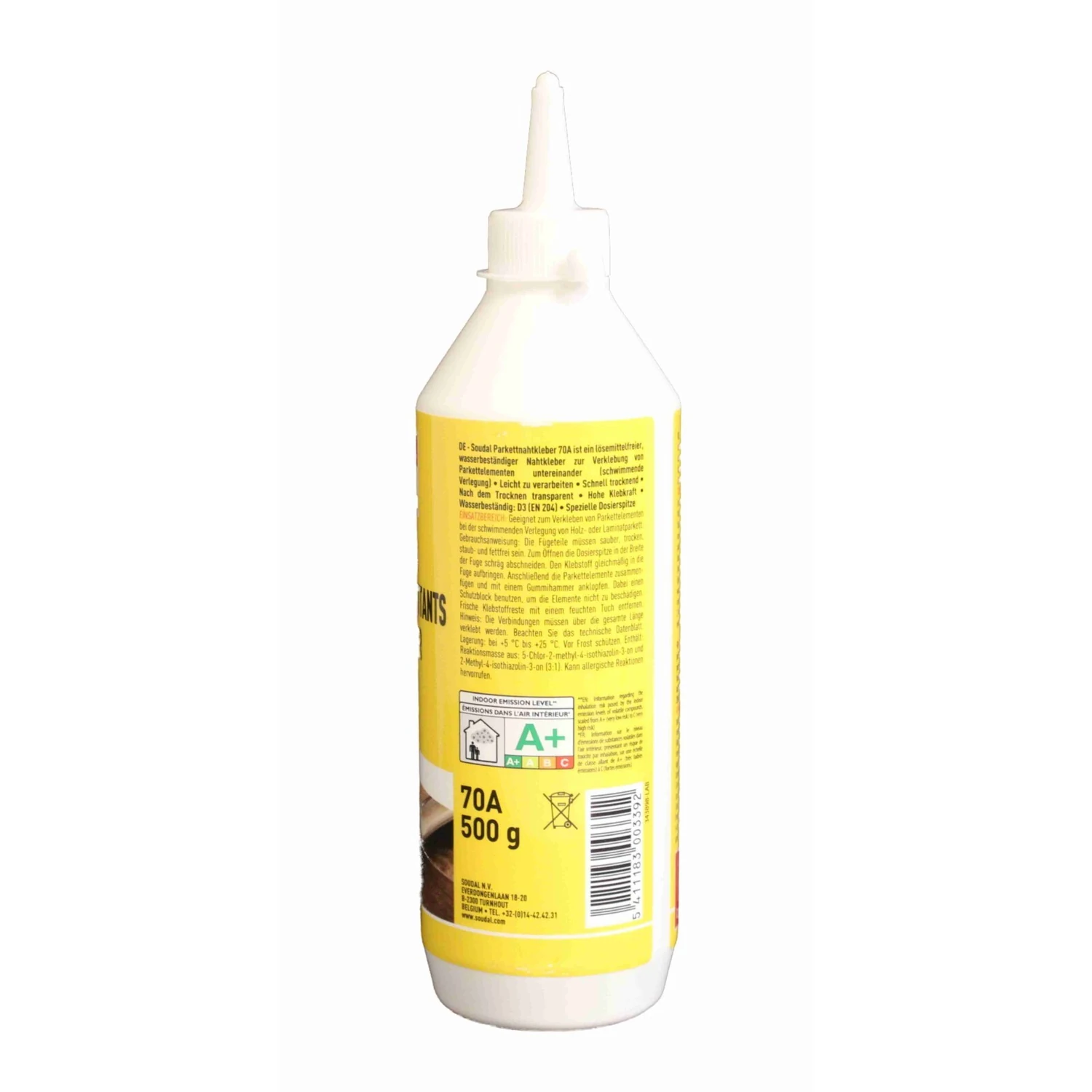 Soudal Parkettnahtkleber 70A D3, Flasche 500 g – Flasche Rückseite mit Etikett