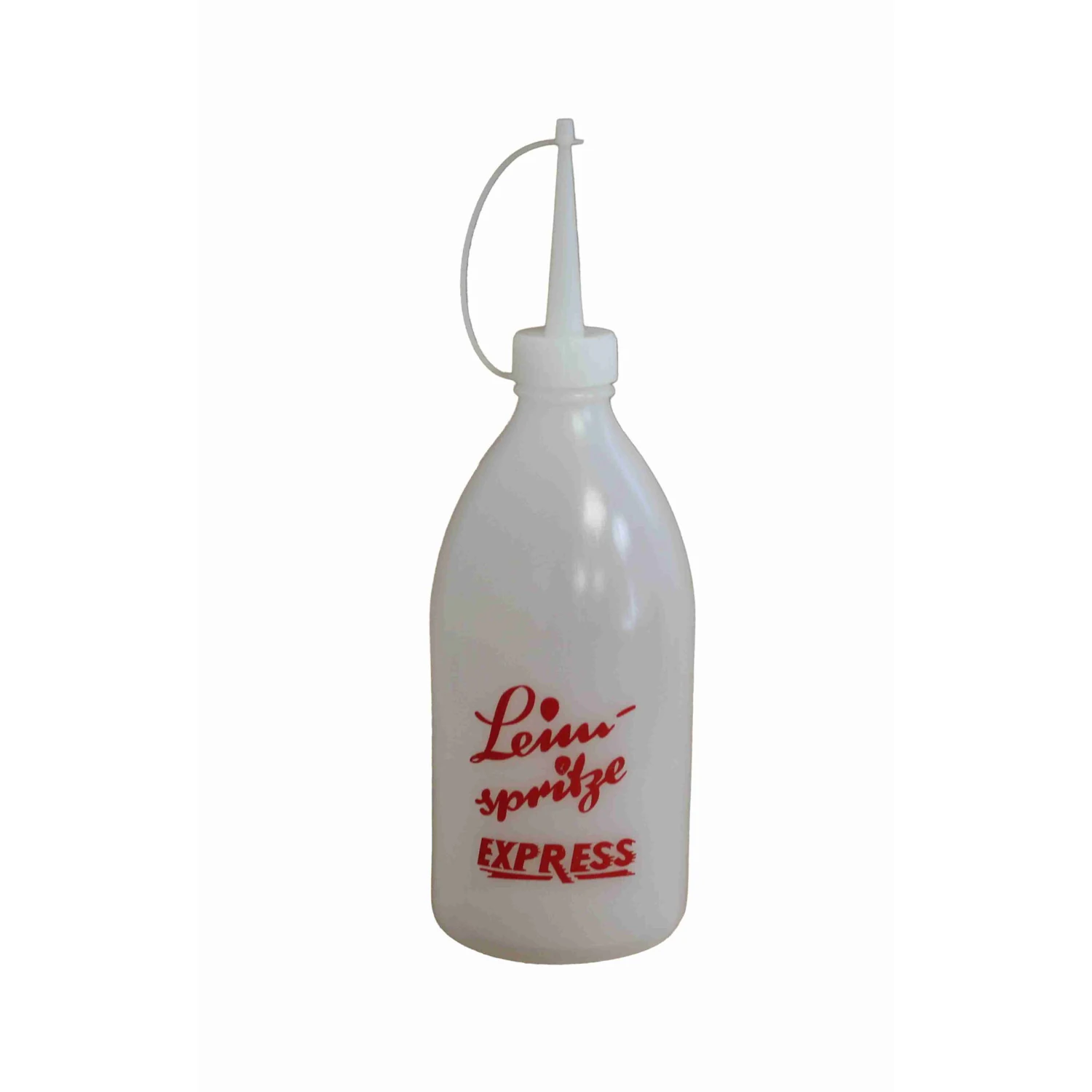 Leimflasche leer auslaufsicher, 500 ml transparent – Flasche stehend mit Aufdruck Leimspritze Express