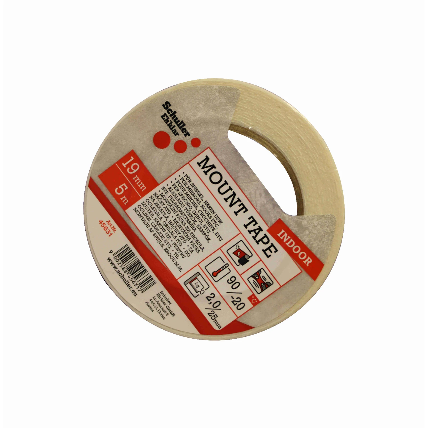 Schuller Spiegelband Montageband weiß 19 mm x 5 m, Rolle mit Etikett, Draufsicht