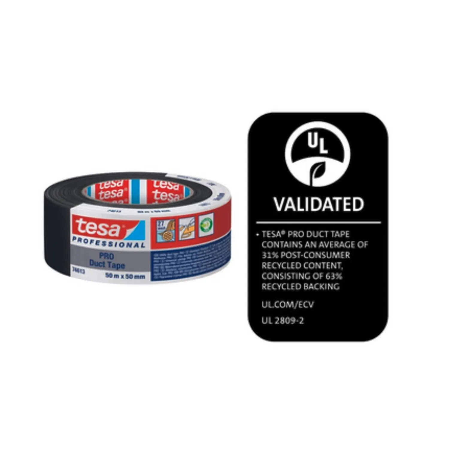 Tesa PRO Duct Tape wasserfest Gewebeband 50 mm x 50 m schwarz, Rolle mit UL-Recycling-Siegel