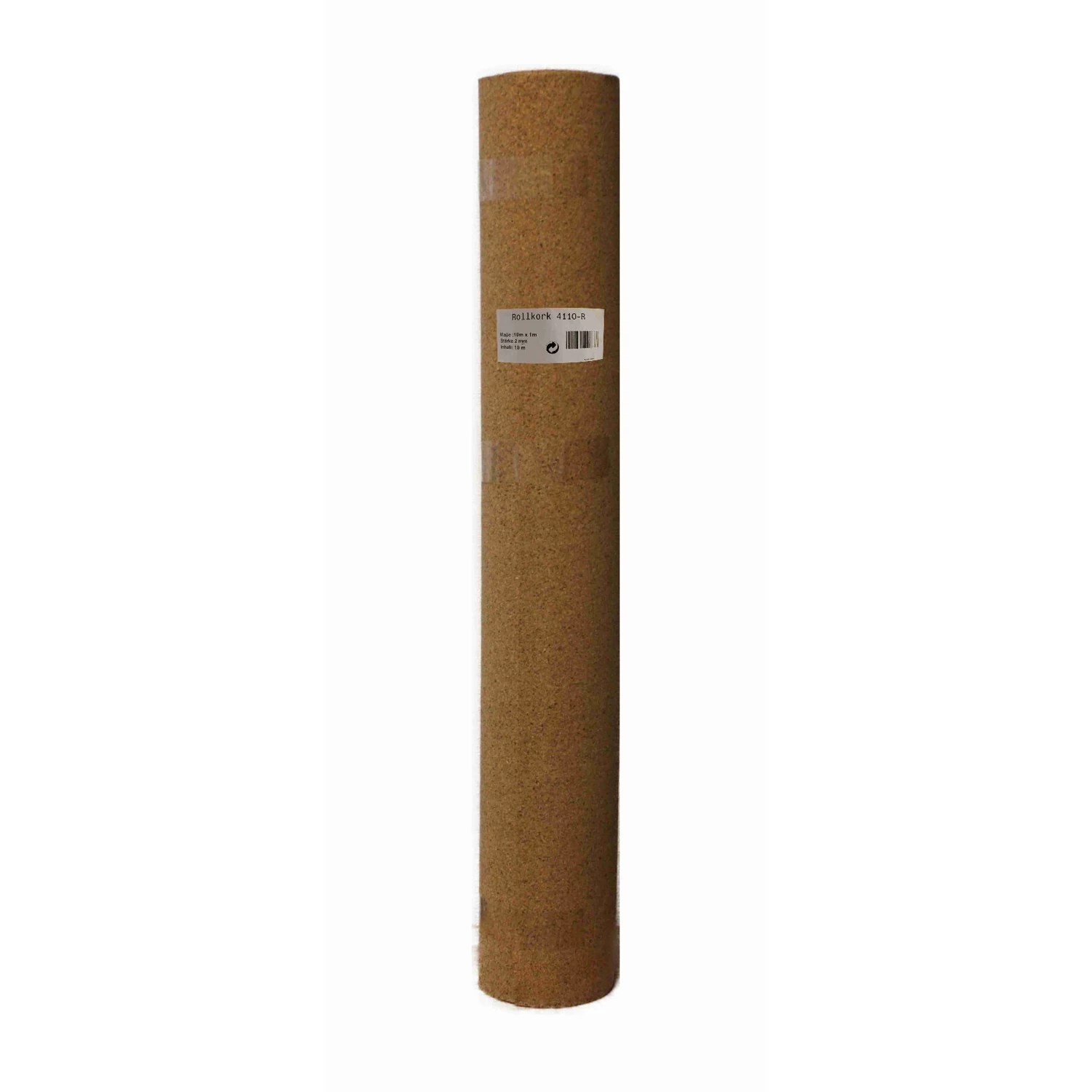 Rollkork Trittschalldämmung 2 mm, Rolle 1 × 10 m – Rolle stehend mit Etikett