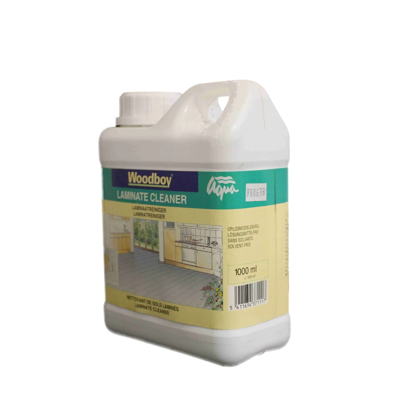 Woodboy Laminatreiniger 1-Liter-Kanister seitlich mit Angabe 1000 ml, ca. 100 m² und Barcode