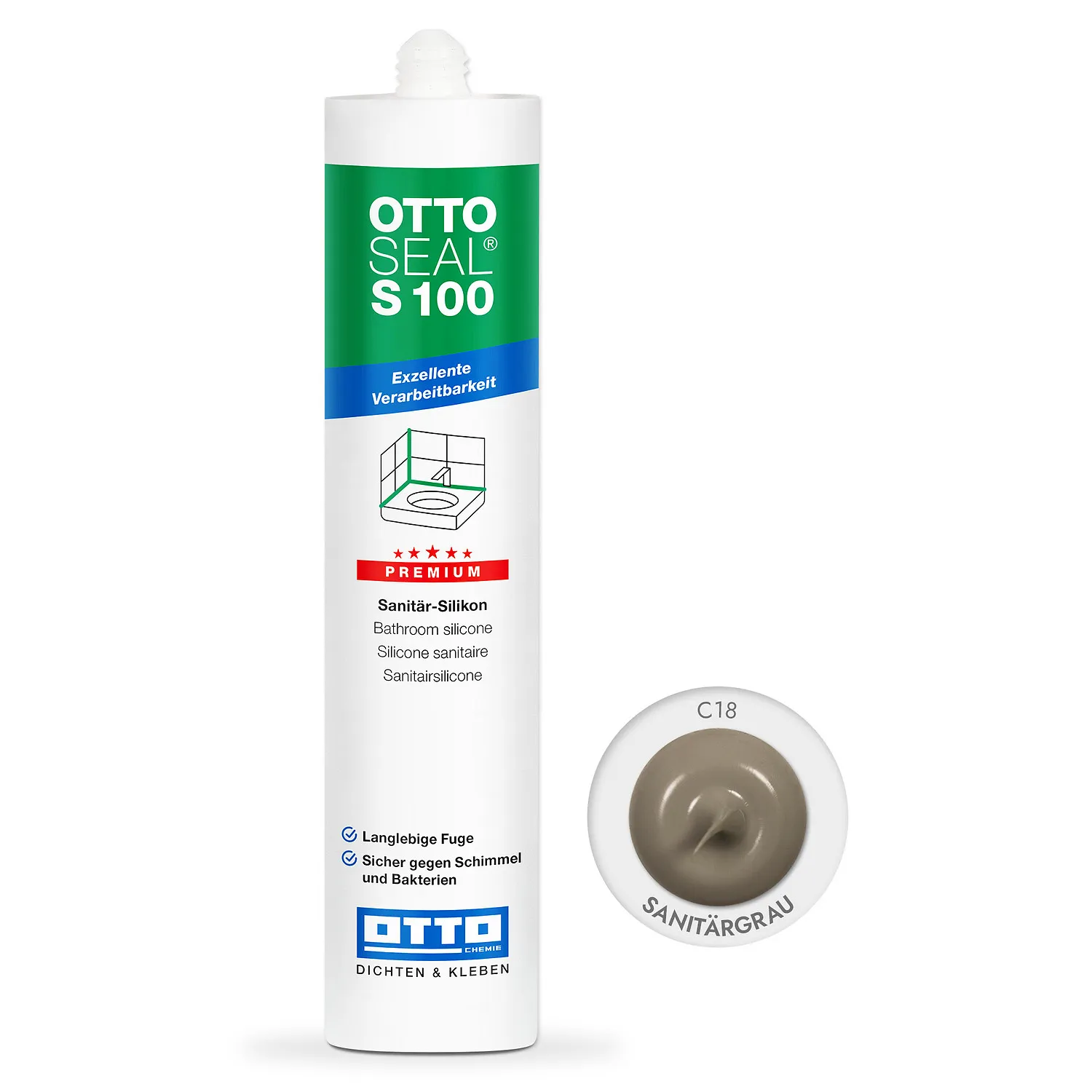Ottoseal S100 Premium Sanitärsilikon sanitärgrau 310ml, elastische Fuge für Bad und Sanitärbereich