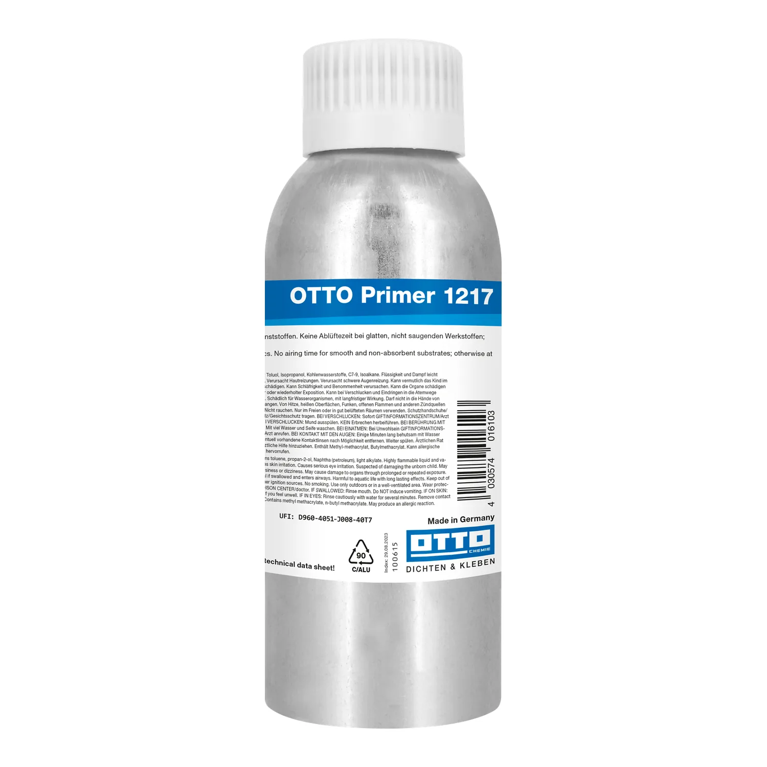 OTTO Primer 1217 imprimación para silicona y plástico en botella de aluminio de 250 ml, imagen recortada sobre fondo blanco