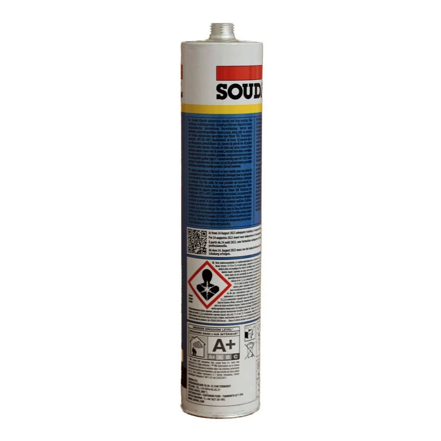 Soudal Soudaflex 40FC cartucho, parte posterior con datos del fabricante