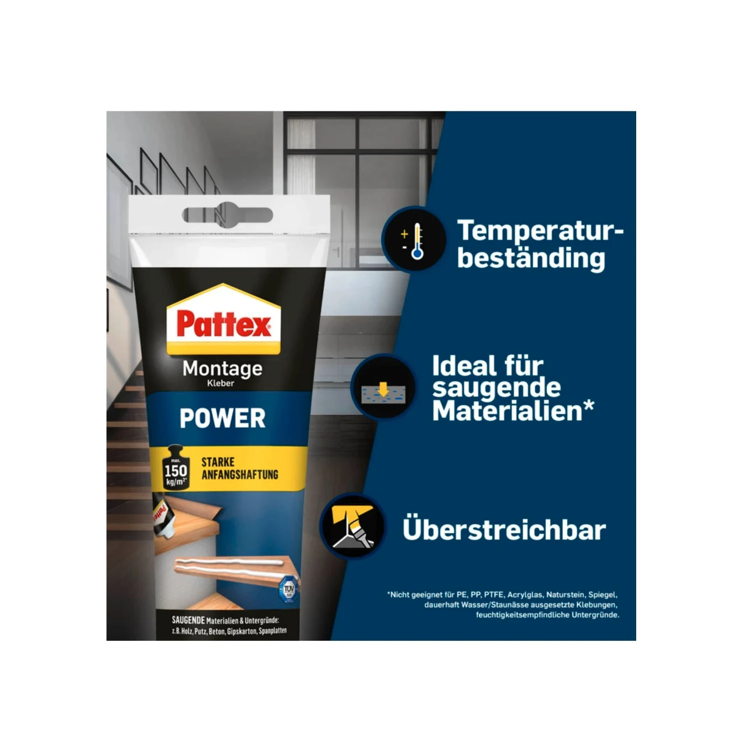 Pattex Montage Kleber Power weiß, Tube 250 g – Grafik: temperaturbeständig, für saugende Materialien, überstreichbar