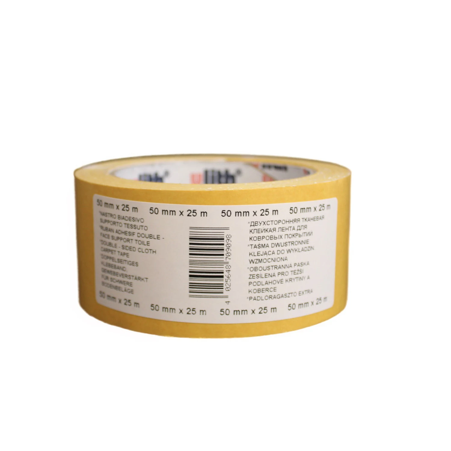 Ulith Teppichband 50 mm x 25 m, Rolle mit Etikett und Barcode, Freisteller
