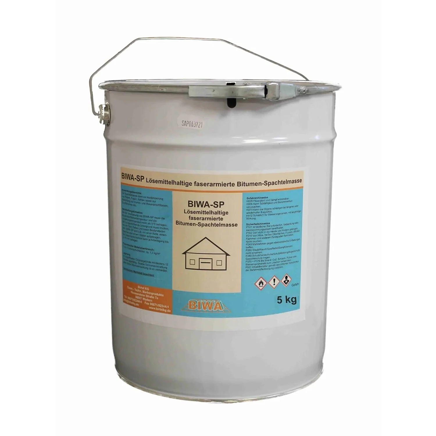 Birtel BIWA-SP Bitumen-Spachtelmasse faserarmiert, 5-kg-Weißblecheimer mit Etikett, Freisteller