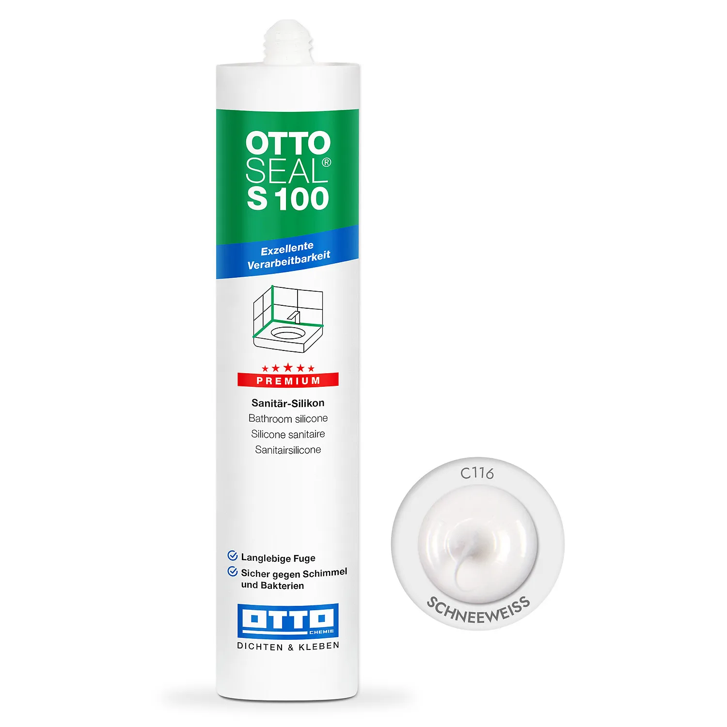 Ottoseal S100 Premium Sanitärsilikon schneeweiß 310ml, elastische Fuge für Bad und Sanitärbereich