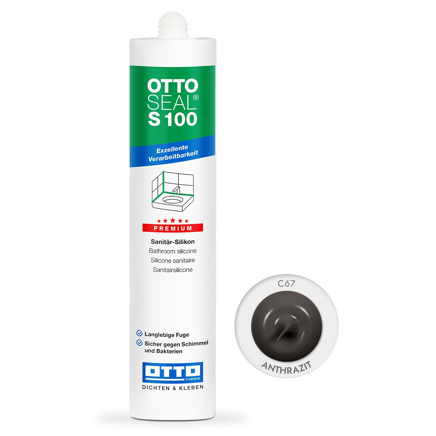 Ottoseal S100 Premium Sanitärsilikon anthrazit 310ml, elastische Fuge für Bad und Sanitärbereich