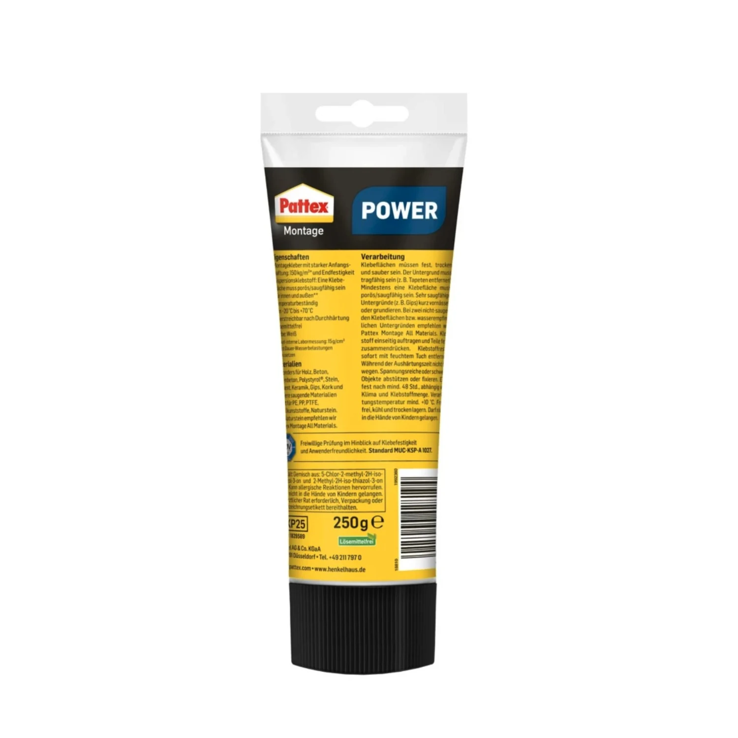 Pattex Montage Kleber Power weiß, Tube 250 g – Tube Rückseite