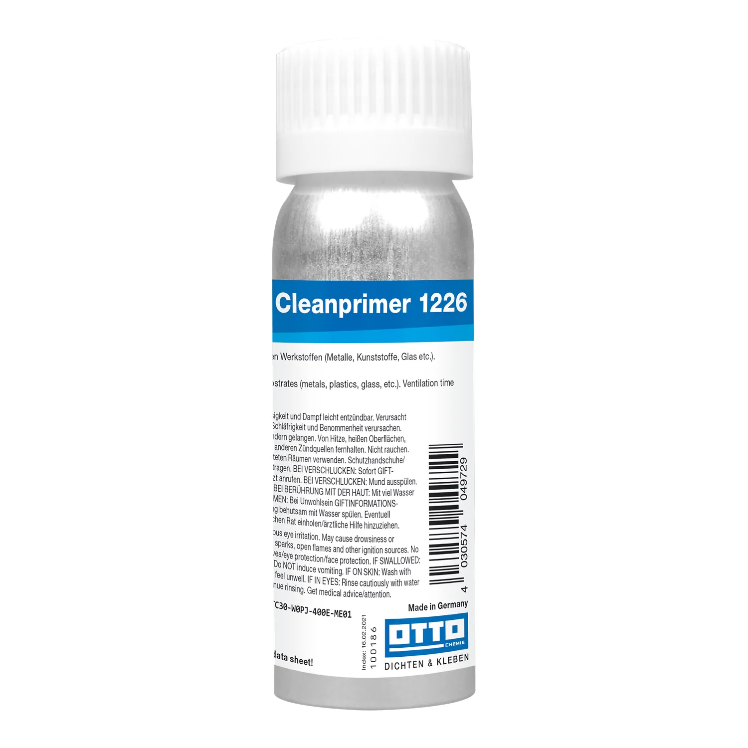 OTTO Cleanprimer 1226 limpiador de adherencia en botella de aluminio de 100 ml, imagen recortada sobre fondo blanco