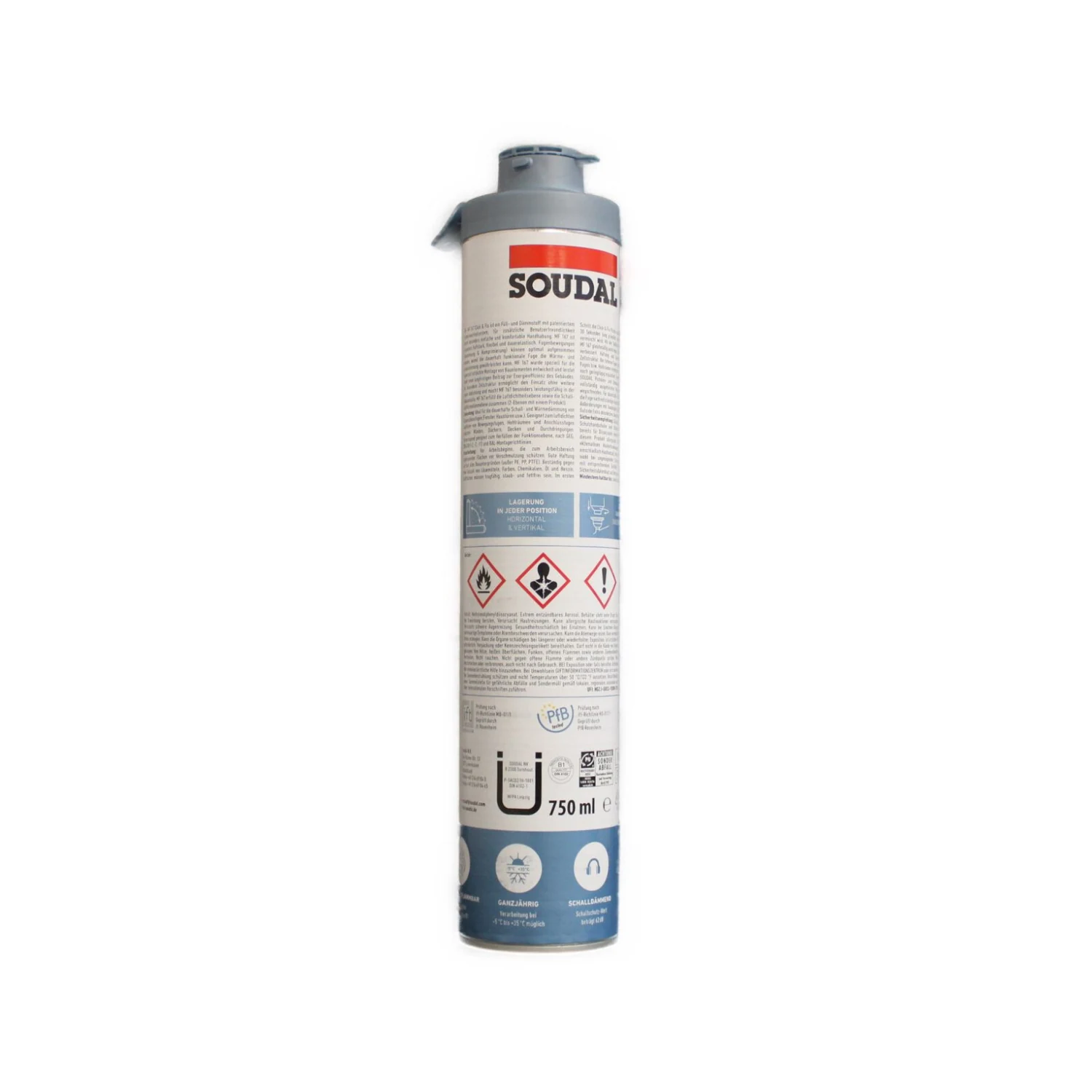 Soudal MF 167 Click / Fix Pistolenschaum B1 grau, 750 ml – Dose Rückseite mit Gefahrenhinweisen