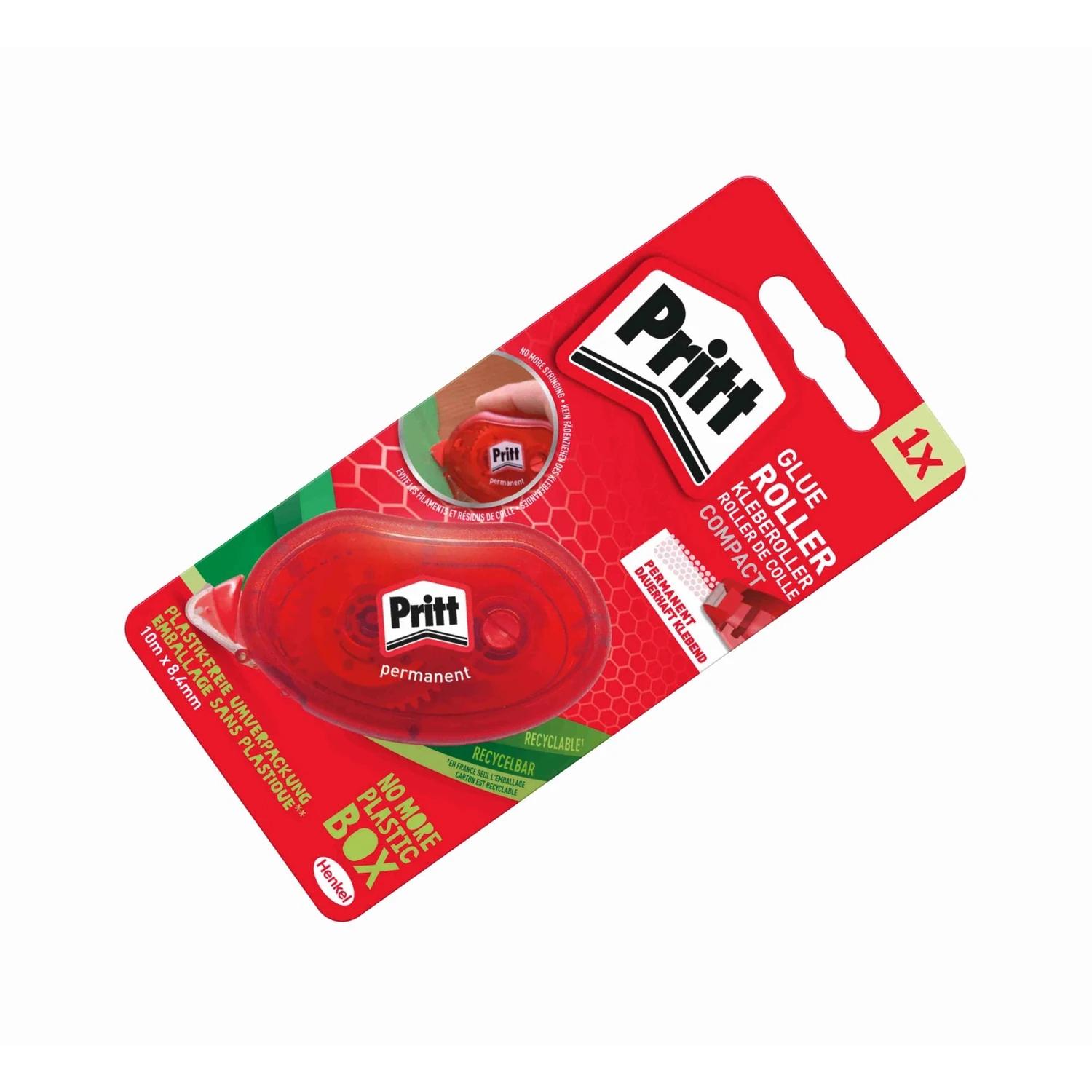 Pritt Kleberoller Compact permanent, 8,4 mm × 10 m – Blisterverpackung schräg