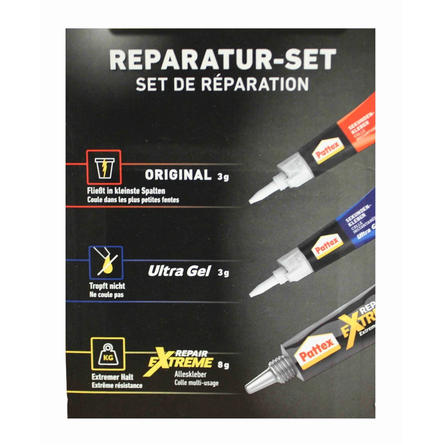 Pattex Sekundenkleber Set flüssig und Gel, 3 Tuben – Grafik: Original 3 g, Ultra Gel 3 g, Repair Extreme 8 g