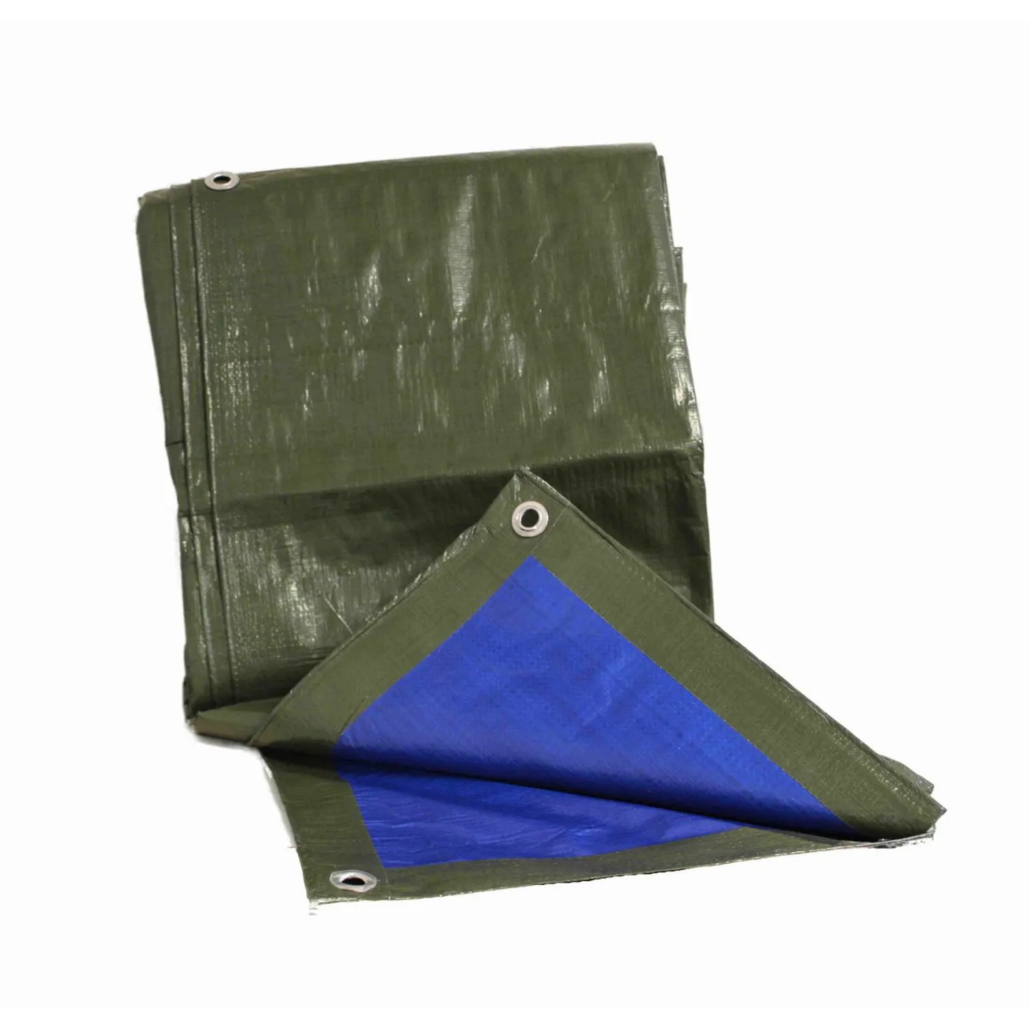 Gewebeplane 140 g/m² Abdeckplane grün/blau, gefaltet mit umgeschlagener blauer Ecke