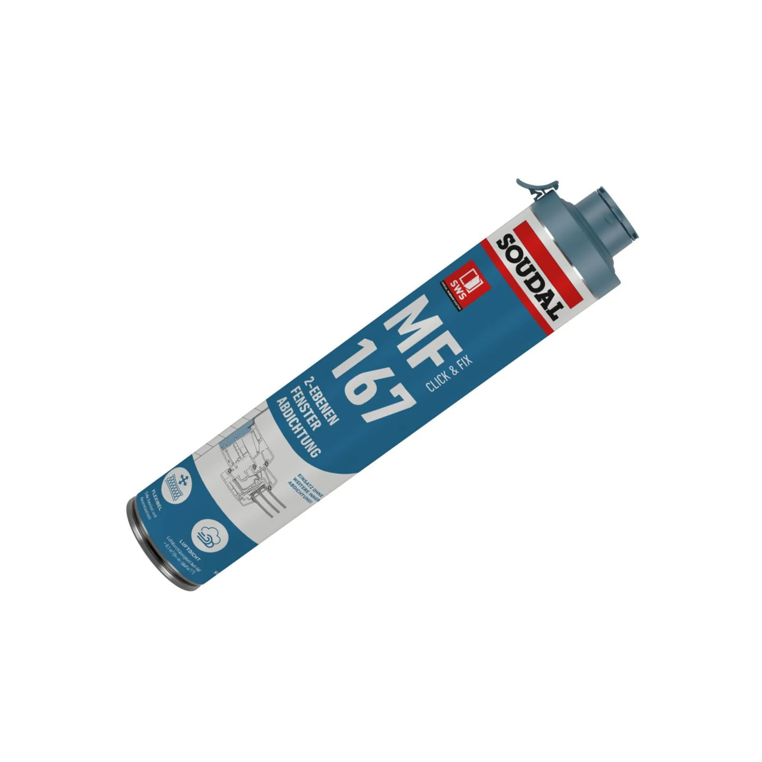 Soudal MF 167 Click / Fix Pistolenschaum B1 grau, 750 ml – Dose schräg