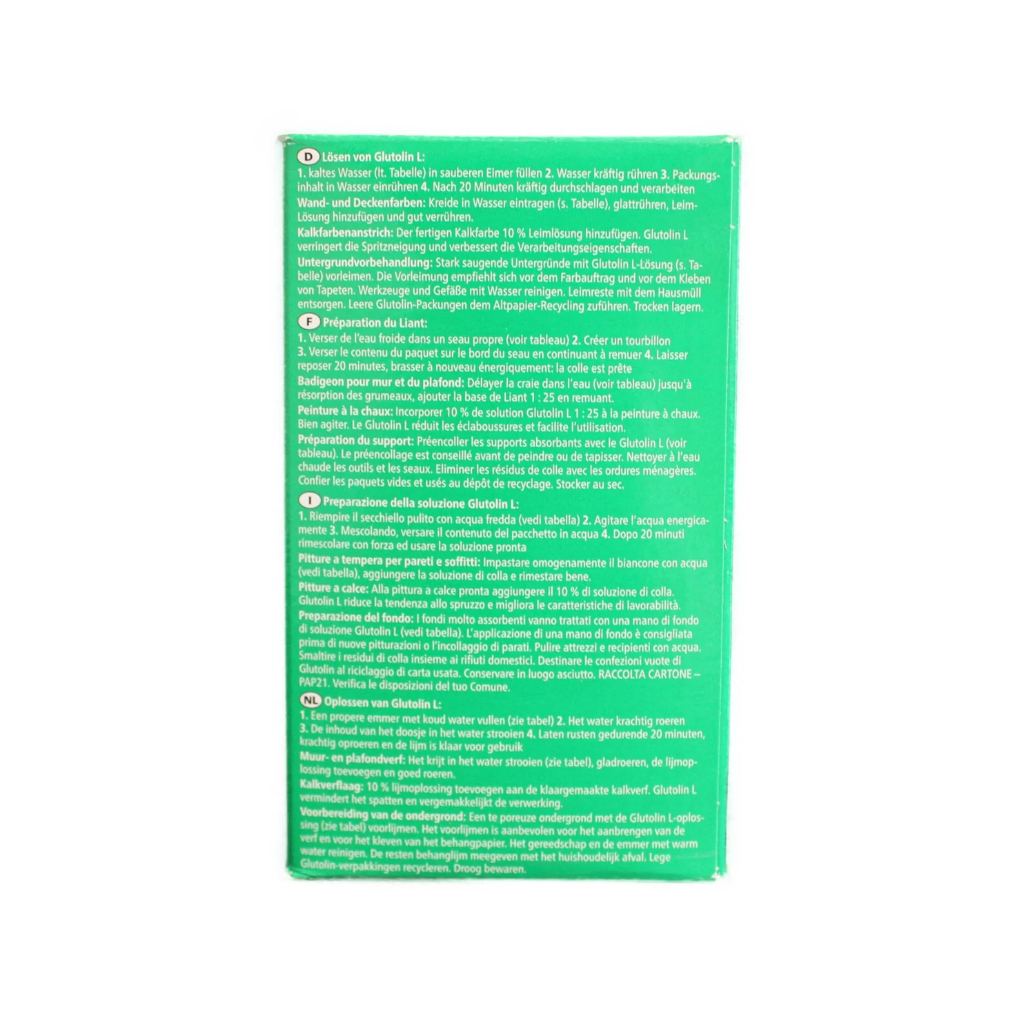 Glutolin L Farbenleim Bindemittel, Packung 125 g – Packungsrückseite mit Gebrauchsanweisung