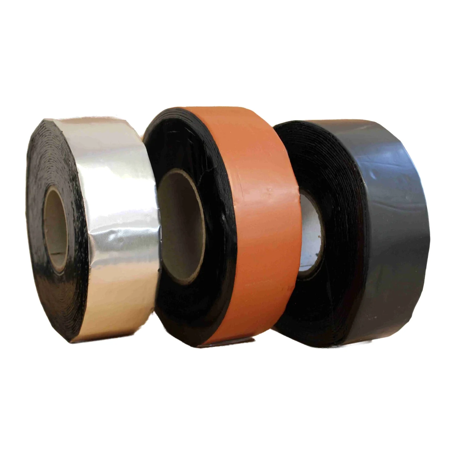 BIWA bitumen tape 50 mm x 10 m: three rolls in aluminium, brick red and black side by side, side view