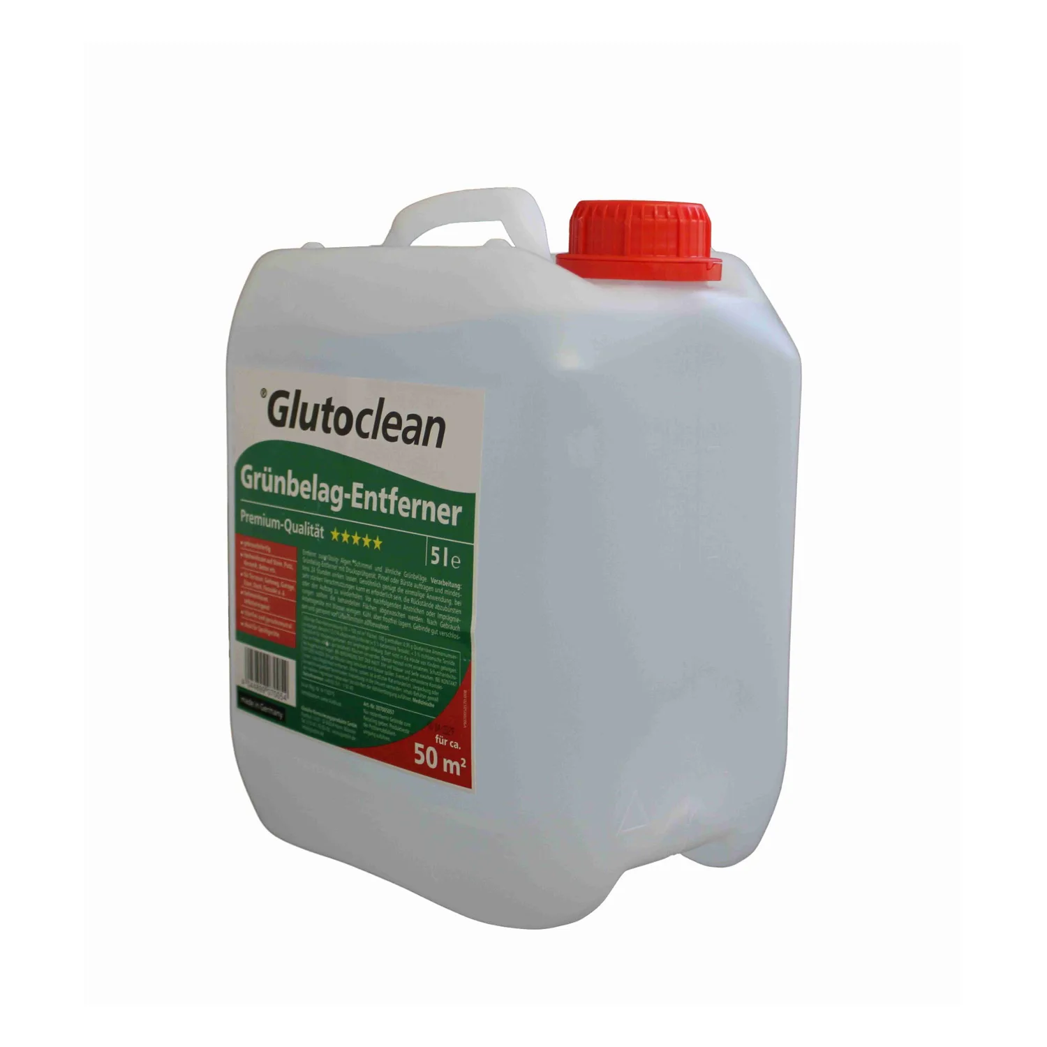 Glutoclean odstranjevalec zelenih oblog, kanister 5 l poševno z desne z etiketo in rdečim pokrovom