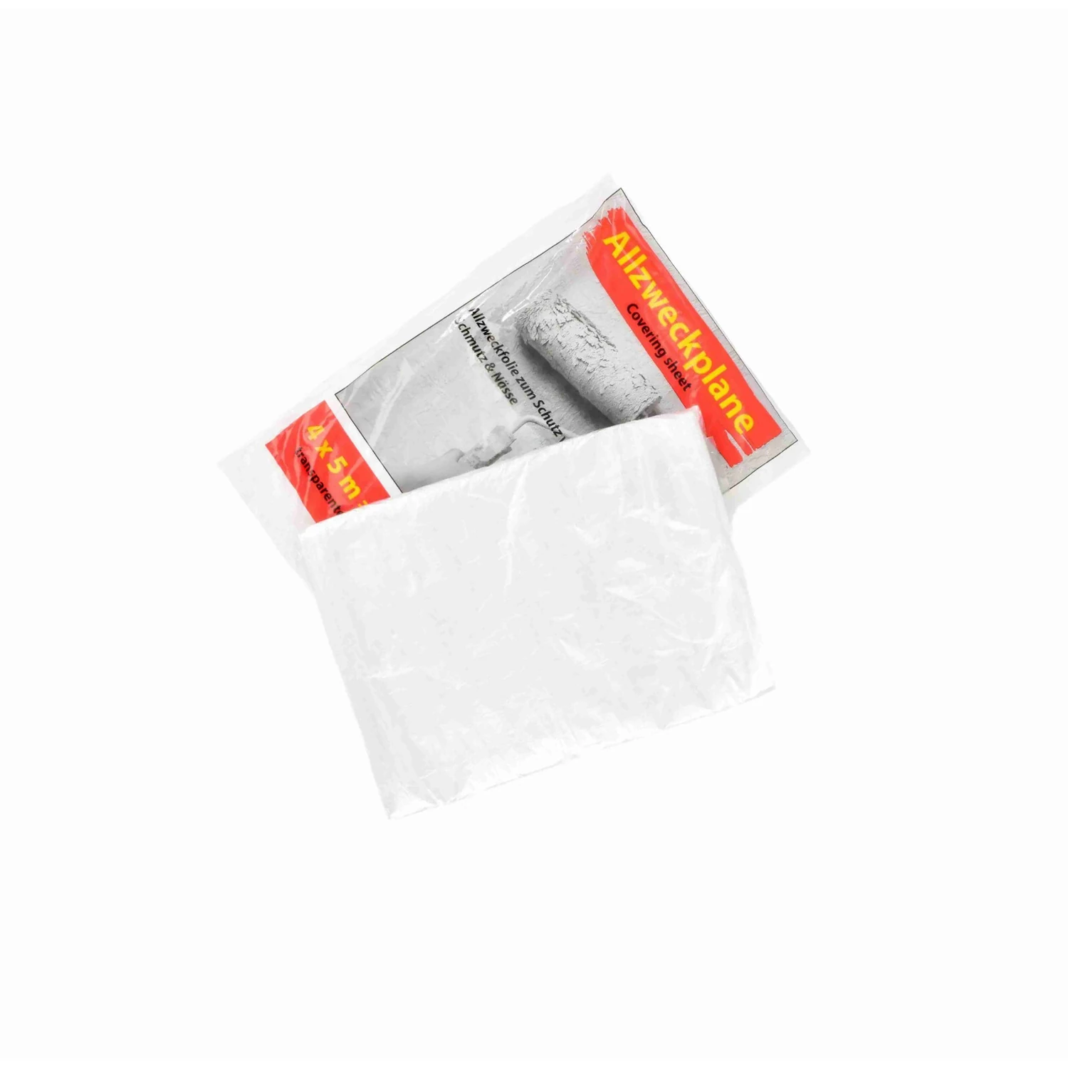 Abdeckfolie Allzweckplane 4 x 5 m, 6 my – Verpackung mit ausgebreiteter Folie
