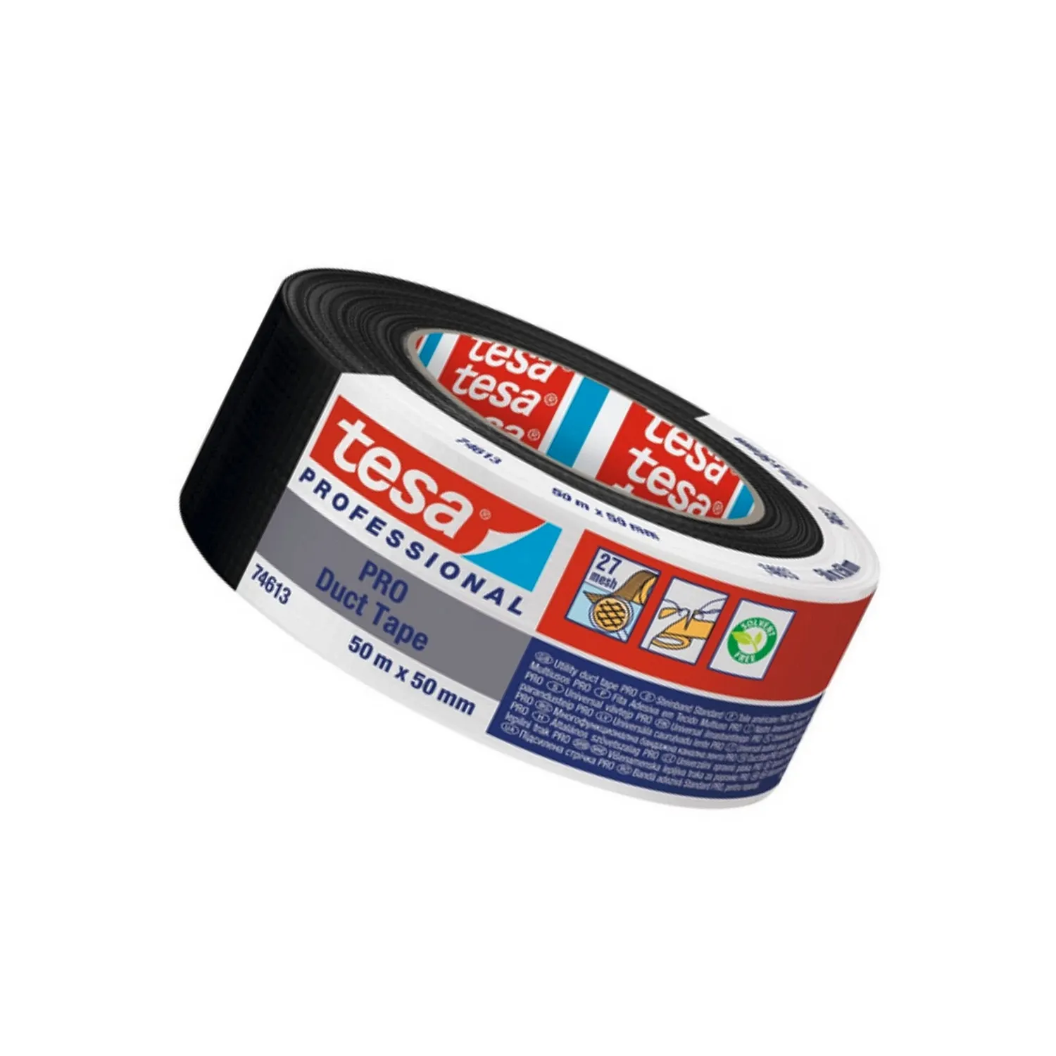 Tesa PRO Duct Tape wasserfest Gewebeband 50 mm x 50 m schwarz, Rolle schräg, 50 mm x 50 m